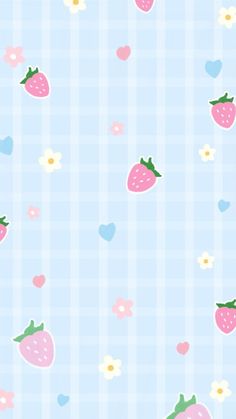 a pattern with strawberries and hearts on a blue checkerboard wallpaper background