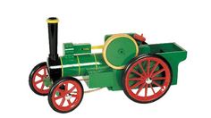 a green toy train with red wheels