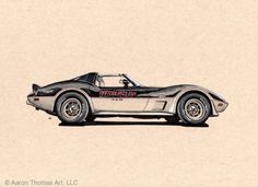 a drawing of an old race car in black and white with red lettering on the side