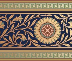 an ornate design with sunflowers and leaves in gold, blue, and green