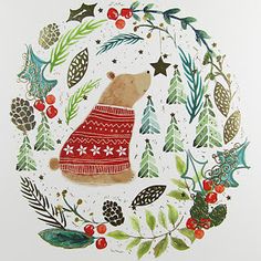 a christmas card with a bear wearing a sweater surrounded by evergreens and berries, pine cones and holly