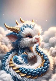 a white and blue animal with horns sitting on top of clouds in the sky,