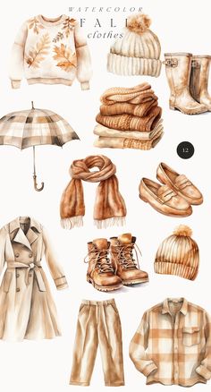 watercolor fashion clothes and accessories are shown in this image, including boots, scarfs, hats, scarves