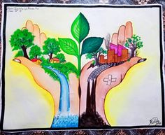 a drawing of two hands holding trees and water