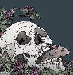 a mouse sitting in front of a skull with flowers on it's back ground