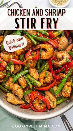 chicken and shrimp stir fry in a skillet with red peppers, green beans and sesame seeds