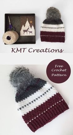 two crocheted hats with text that reads, knit creations free crochet pattern