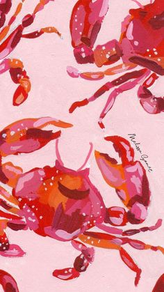 a painting of pink and red crabs on a white background