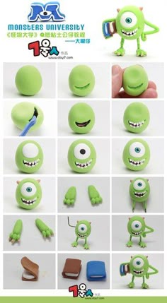 the green toy has many different expressions on it