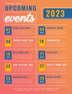 an event poster with the dates for upcoming events in blue, yellow and orange colors