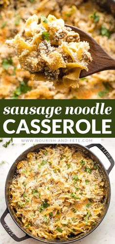 sausage and noodles casserole in a skillet with a wooden spoon on the side