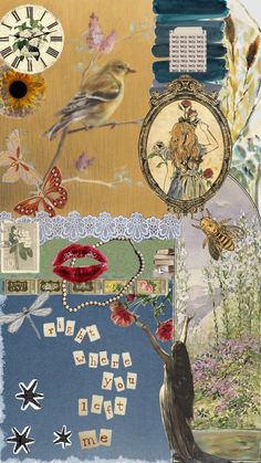 altered collage with bird, flowers, butterflies and lady in blue dress looking at clock