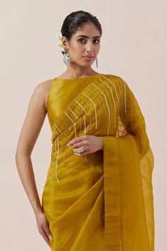 Mustard yellow saree in silk organza base with silver and gold zari and sequin work. Paired with a blouse and petticoat. - Aza Fashions Yellow Organza Pre-draped Saree For Reception, Yellow Chanderi Saree For Reception, Yellow Traditional Wear With Mirror Work In Tissue Silk, Elegant Yellow Saree With Mirror Work, Yellow Fitted Organza Pre-draped Saree, Party Yellow Organza Pre-draped Saree, Yellow Silk Pre-draped Saree For Reception, Yellow Pre-draped Saree With Mirror Work For Reception, Elegant Yellow Blouse With Mirror Work