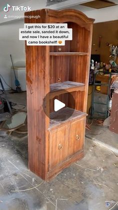 a wooden bookcase with an ad on the front and bottom shelf that says, i think it's old