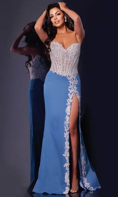 Radiate elegance in Jovani 43341, a captivating gown designed to mesmerize. This stunning piece features intricate lace appliques and a corset bodice adorned with dazzling hot stone embellishments for a touch of luxury. A daring high slit introduces a hint of allure, while the floor-length A-line skirt flows into a graceful train. Complete with a back zipper closure, this Jovani 43341 offers a perfect blend of sophistication and drama for any formal occasion. Model is wearing Off White/Denim color. Style: jovani_43341 Details: Lace Appliques, Corset Bodice, Hot Stone, High Slit, Back Zipper Closure, Train Length: Long Neckline: Sweetheart Waistline: Natural Silhouette: Sheath Please refer to our returns and exchanges policy page (click here) for more details. Denim Gown, Off White Denim, Formal Prom Dress, Strapless Prom Dresses, Corset Bodice, Pageant Gowns, Floral Denim, Trendy Fall Outfits, Denim Color