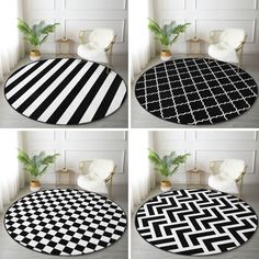 four photos of black and white rugs in different angles, with one showing the same pattern