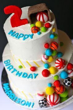 a three tiered birthday cake decorated with colorful candies