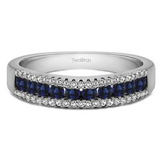 a diamond and blue sapphire wedding band