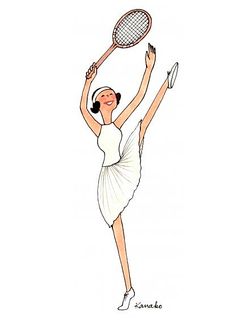 a drawing of a woman holding a tennis racquet in her right hand and wearing a white dress