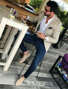 I like the look but without the pants being so tight lol Neutral Men’s Wedding Outfit, Mens Spring Formal Outfits, Mens Napa Valley Outfit, Mens Fashion Smart, Beige Blazer, Mens Fashion Classy, Mens Fashion Suits, Business Casual Men