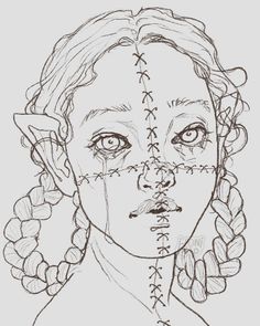 a drawing of a girl with stitches on her face