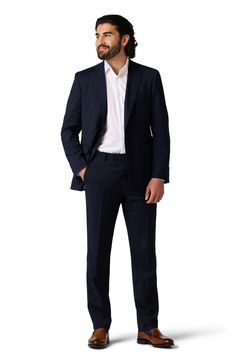 Dress to impress in these polished and practical trousers tailored from wrinkle-resistant performance fabric. 32" inseam; 15.75" leg opening; 10.125" rise (size 32x32) Zip fly with hook-and-bar closure Jetted pockets Lined Polyester/rayon blend with 2% spandex
 Dry clean Imported Fitted Solid Color Dress Pants For Semi-formal Occasions, Professional Suits With Welt Pockets For Work, Professional Office Pants With Welt Pockets, Solid Work Pants With Pockets For Business, Tailored Professional Office Bottoms, Tailored Professional Bottoms For Office, Slim Fit Business Pants With Pockets, Fitted Work Pants With Pockets For Business Casual, Tailored Professional Pants For Office Wear