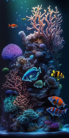 an aquarium with many different types of fish and corals on the bottom half of it