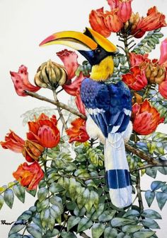 a colorful bird sitting on top of a tree filled with flowers