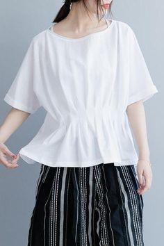 Fabric:                  Fabric has no stretchSeason:                Spring .SummerType:                     BlouseSleeve Length:     Short sleeveColor:                    Black .WhiteBlouse Length:    ShortStyle: Cotton Shirts Women, Black Casual, Shirt Women, Summer Tops, Cotton Shirt, Peplum Top, White And Black, Ruffle Blouse, Womens Shirts