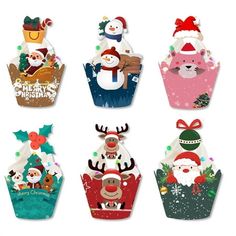 six christmas cupcakes with santa claus, reindeer and snowmen on them in different designs