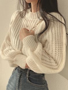 50204988571975 Lantern Sleeve Sweater, Winter Knitwear, Crop Pullover, Pullover Outfit, Cropped Pullover, Chic Sweaters, Sleeve Women, Women Sweater, Chunky Knits Sweater