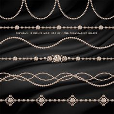 the different types of diamond necklaces on display in front of a black satin background