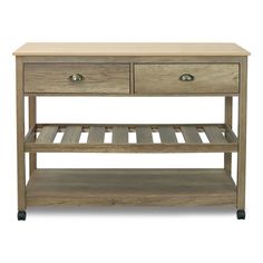 a wooden table with two drawers on top and one shelf underneath the drawer, against a white background