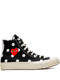 Supplied by a premier sneaker marketplace dealing with unworn, already sold out, in demand rarities. Each product is rigorously inspected by experienced experts guaranteeing authenticity. The Comme des Garçons Play x Converse Chuck 70 is back with a new design. The Chuck 70 in black comes with white polka dots across the upper, while the iconic CDG Play heart logo appears on the lateral side. A white stripe runs down the back of the shoe, while the clean midsole is missing a foxing stripe and th Converse Chuck 70 High Top, Converse X Comme Des Garcons, Cdg Converse, Play X Converse, Tenis Converse, Converse Comme Des Garcons, Baskets Converse, Garcons Converse, Comme Des Garcons Converse