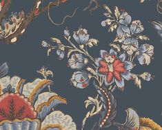 a blue floral wallpaper with red, white and blue flowers in the center on a dark background