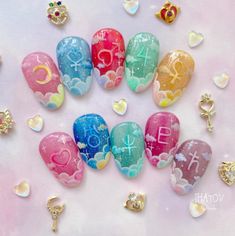 Sailor Moon 🌙 💝  雲ネイル×ロゴマークバージョンも✍️  * * * 💖🩵❤️💚💛🩷💙💚🤎💜 Short Sailor Moon Nails, Sailor Moon Themed Nails, Ohshc Nails, Sailor Mars Nails, Sailor Moon Nails Design, Sailor Moon Inspired Nails, Uñas Sailor Moon, Sailor Moon Nail Art, Sailor Moon Nails