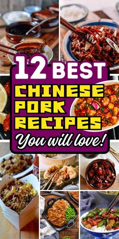 the cover of 12 best chinese pork recipes you'll love, with pictures of various dishes