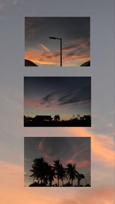 three different shots of the sky at sunset with palm trees in foreground and clouds in the background