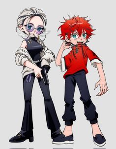 two anime characters one with red hair and the other with blue eyes, are standing next to each other