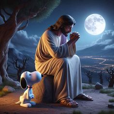 a painting of jesus sitting on a rock next to a dog and looking at the moon