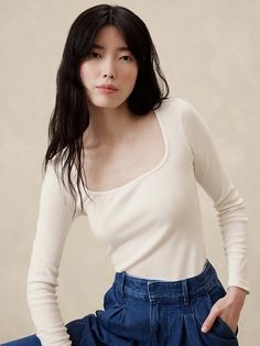 Ribbed Square-Neck Top | Banana Republic Factory Versatile Stretch Square Neck Top, Chic Everyday Top With Square Neck, Elegant Square Neck Tops For Everyday, Top Banana, Square Neck Top, Square Neck, Banana Republic, Sleeve Top, Long Sleeve Tops