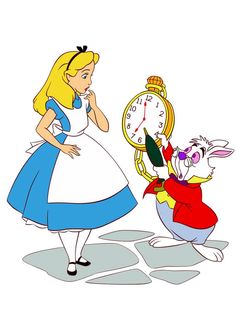 alice and peter rabbit looking at an alarm clock