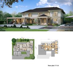 two story house plan with three car garages and an open floor plan for the front yard