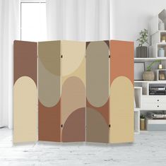 a room divider with an abstract design on the front and side panels in different colors