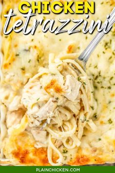 chicken tetrazzini in a casserole dish with a fork