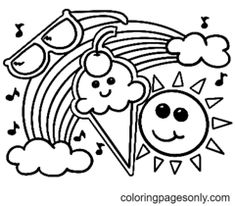 a coloring page with the sun and clouds