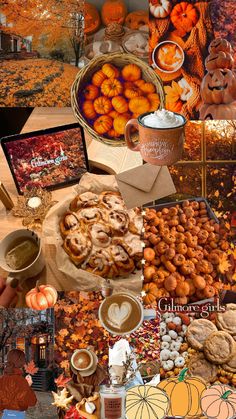 a collage of pictures with pumpkins, cookies and other items on it in various colors