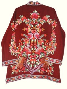 Embroidered Woolen Jacket Burgundy, Multicolor Embroidery #AO-016 - Best of Kashmir Festive Long Sleeve Outerwear With Floral Print, Festive Floral Print Long Sleeve Outerwear, Festive Long Sleeve Floral Print Outerwear, Red Long Sleeve Kurta With Floral Print, Long Sleeve Kurta With Multicolor Embroidery And Floral Print, Winter Embroidered Long Sleeve Kurta, Embroidered Long Sleeve Winter Kurta, Fall Long Sleeve Kurta With Intricate Embroidery, Long Sleeve Kurta With Intricate Embroidery For Fall