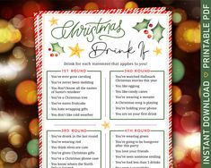 a christmas drink list with lights in the background