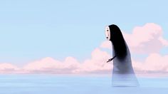 a cartoon character floating in the water with clouds behind her and a mask on his face